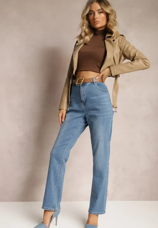 Niebieskie Jeansy Regular Push-Up z Paskiem z Klamrą Rosavita