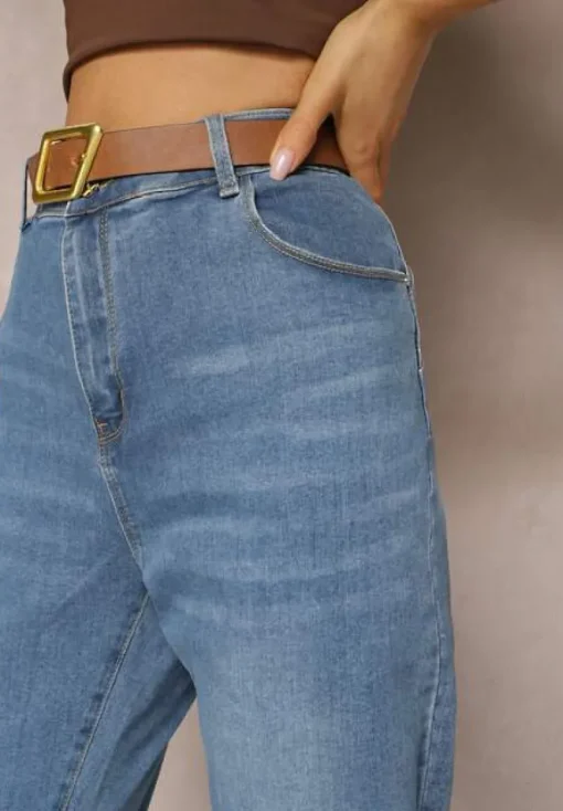 Niebieskie Jeansy Regular Push-Up z Paskiem z Klamrą Rosavita