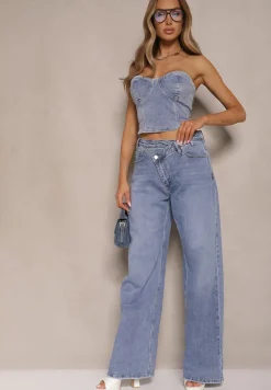 Niebieskie Jeansy Regular Waist z Szeroką Nogawką Tenophea