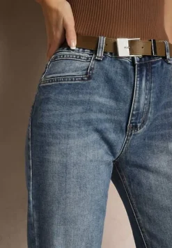 Niebieskie Jeansy Regular z Ozdobnie Wywiniętymi Nogawkami i Paskiem Corenamia