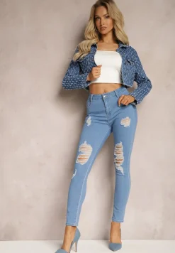 Niebieskie Jeansy Skinny Push-Up z Przetarciami z Przodu i Suwakiem Randda