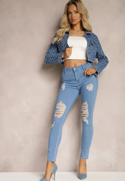 Niebieskie Jeansy Skinny Push-Up z Przetarciami z Przodu i Suwakiem Randda
