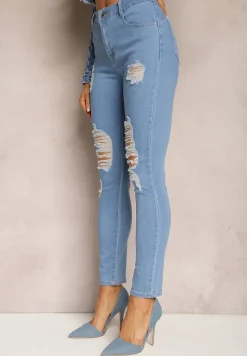 Niebieskie Jeansy Skinny Push-Up z Przetarciami z Przodu i Suwakiem Randda