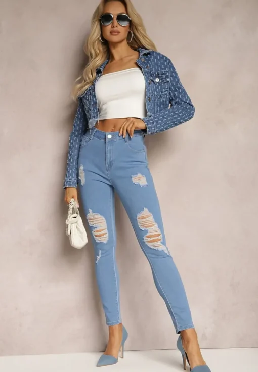 Niebieskie Jeansy Skinny Push-Up z Przetarciami z Przodu i Suwakiem Randda