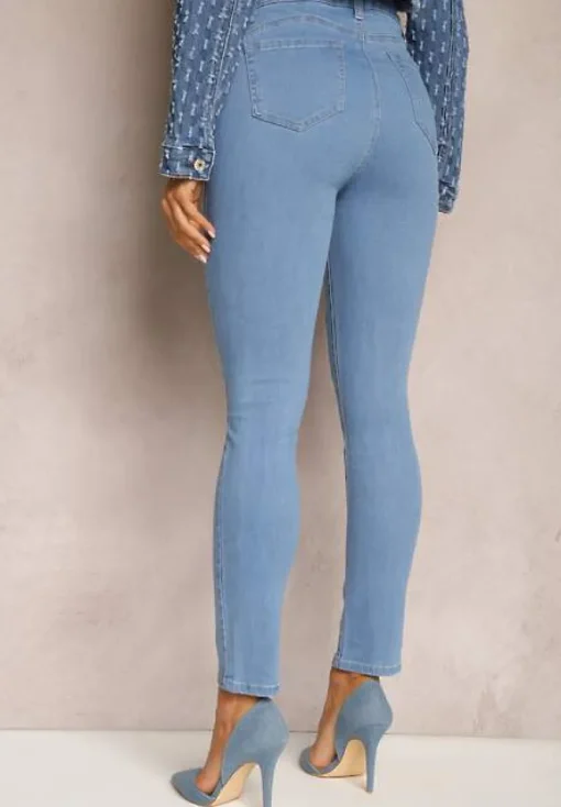 Niebieskie Jeansy Skinny Push-Up z Przetarciami z Przodu i Suwakiem Randda