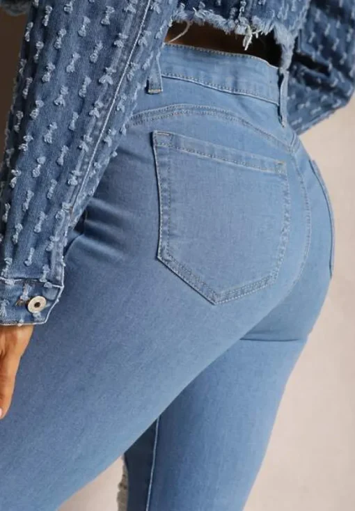 Niebieskie Jeansy Skinny Push-Up z Przetarciami z Przodu i Suwakiem Randda