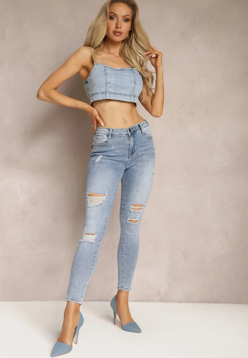 Niebieskie Jeansy Skinny Push Up Ozdobione Dziurami i Przetarciami Jellara