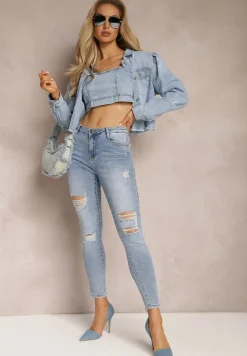 Niebieskie Jeansy Skinny Push Up Ozdobione Dziurami i Przetarciami Jellara