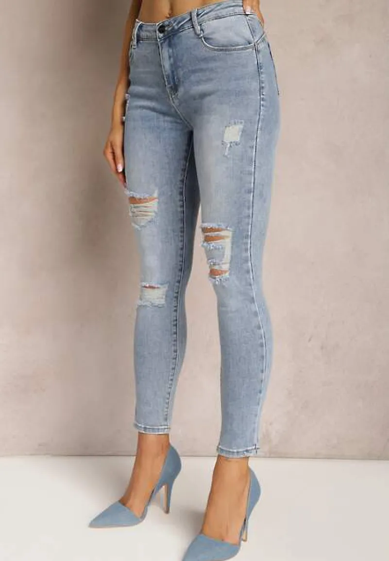Niebieskie Jeansy Skinny Push Up Ozdobione Dziurami i Przetarciami Jellara