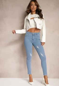 Niebieskie Jeansy Skinny Wykończone Przetarciami i Dziurami Evilenn