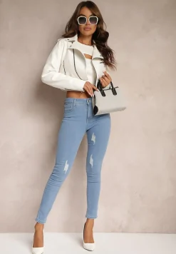 Niebieskie Jeansy Skinny Wykończone Przetarciami i Dziurami Evilenn