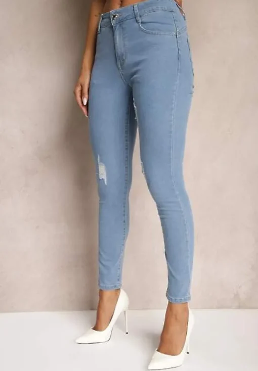 Niebieskie Jeansy Skinny Wykończone Przetarciami i Dziurami Evilenn