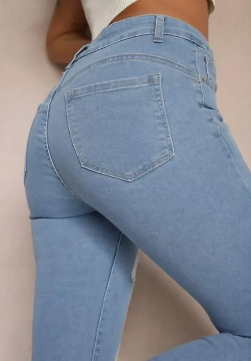 Niebieskie Jeansy Skinny Wykończone Przetarciami i Dziurami Evilenn