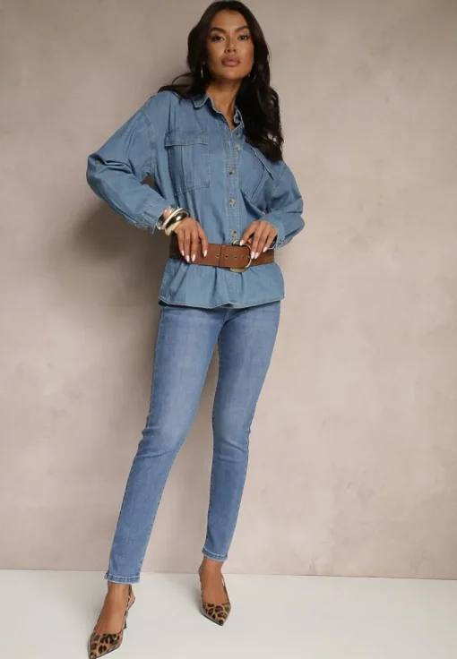 Niebieskie Jeansy Skinny z Bawełną High Waist Ozdobione Guzikami Felariel