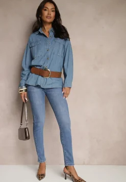 Niebieskie Jeansy Skinny z Bawełną High Waist Ozdobione Guzikami Felariel
