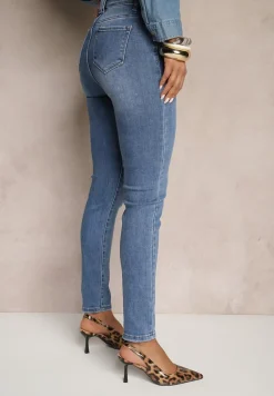 Niebieskie Jeansy Skinny z Bawełną High Waist Ozdobione Guzikami Felariel