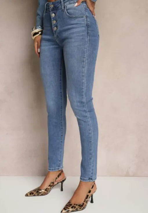 Niebieskie Jeansy Skinny z Bawełną High Waist Ozdobione Guzikami Felariel
