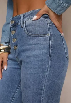 Niebieskie Jeansy Skinny z Bawełną High Waist Ozdobione Guzikami Felariel