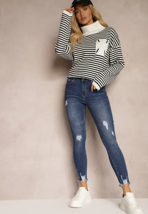 Niebieskie Jeansy Skinny z Bawełny High Waist z Przetarciami Erilisa