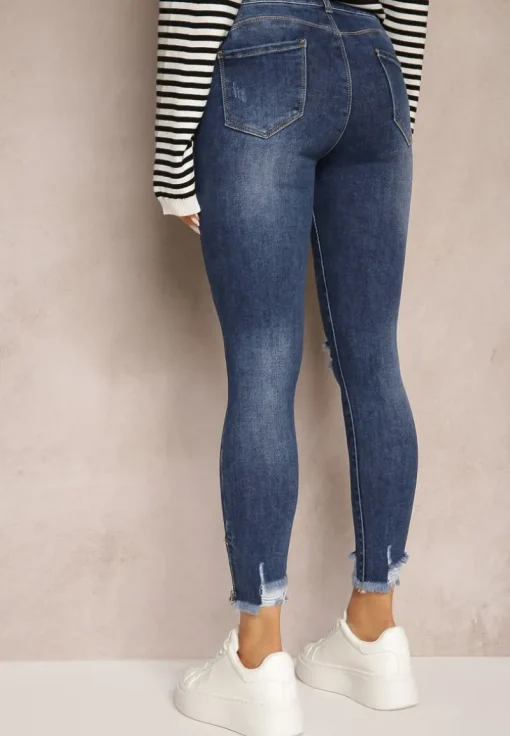 Niebieskie Jeansy Skinny z Bawełny High Waist z Przetarciami Erilisa
