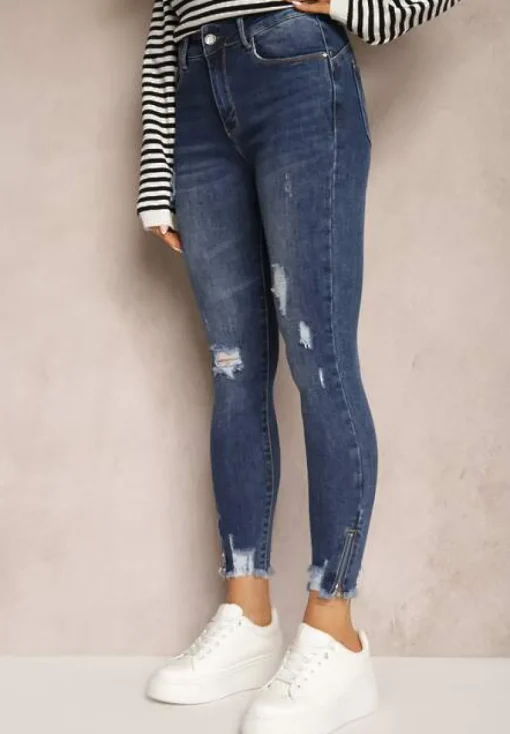 Niebieskie Jeansy Skinny z Bawełny High Waist z Przetarciami Erilisa