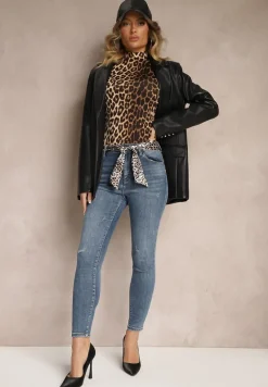 Niebieskie Jeansy Skinny Push Up z Bawełny Ozdobione Panterkowym Paskiem i Przetarciami Uleti