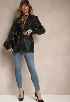 Niebieskie Jeansy Skinny Push Up z Bawełny Ozdobione Panterkowym Paskiem i Przetarciami Uleti