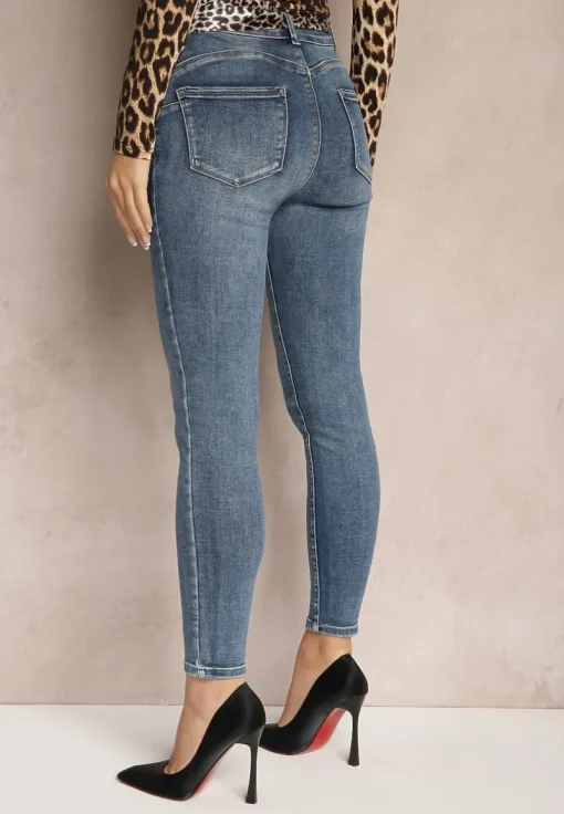 Niebieskie Jeansy Skinny Push Up z Bawełny Ozdobione Panterkowym Paskiem i Przetarciami Uleti