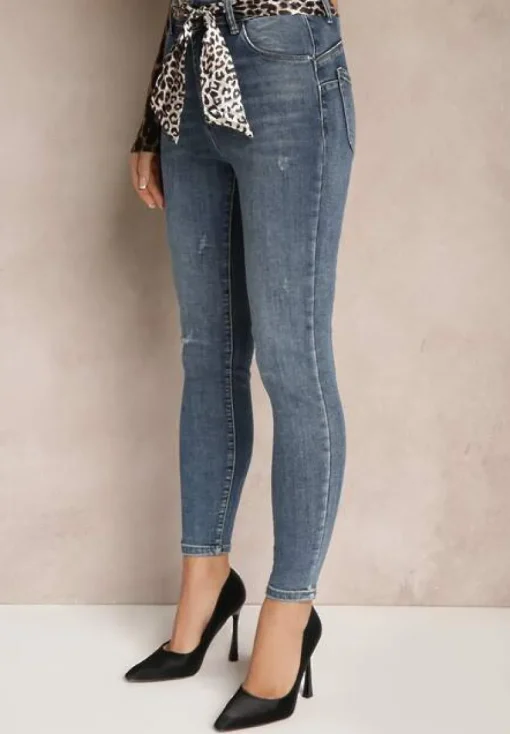 Niebieskie Jeansy Skinny Push Up z Bawełny Ozdobione Panterkowym Paskiem i Przetarciami Uleti