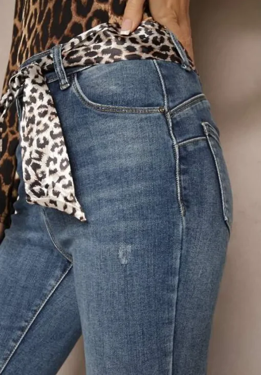 Niebieskie Jeansy Skinny Push Up z Bawełny Ozdobione Panterkowym Paskiem i Przetarciami Uleti