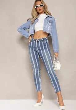 Niebieskie Jeansy Skinny Ozdobione Printem w Paski Klefiana