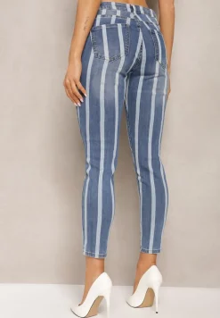 Niebieskie Jeansy Skinny Ozdobione Printem w Paski Klefiana