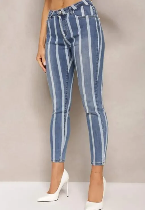 Niebieskie Jeansy Skinny Ozdobione Printem w Paski Klefiana