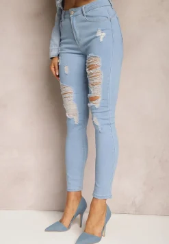 Niebieskie Jeansy Skinny High Waist z Przetarciami i Dziurami Aventoa