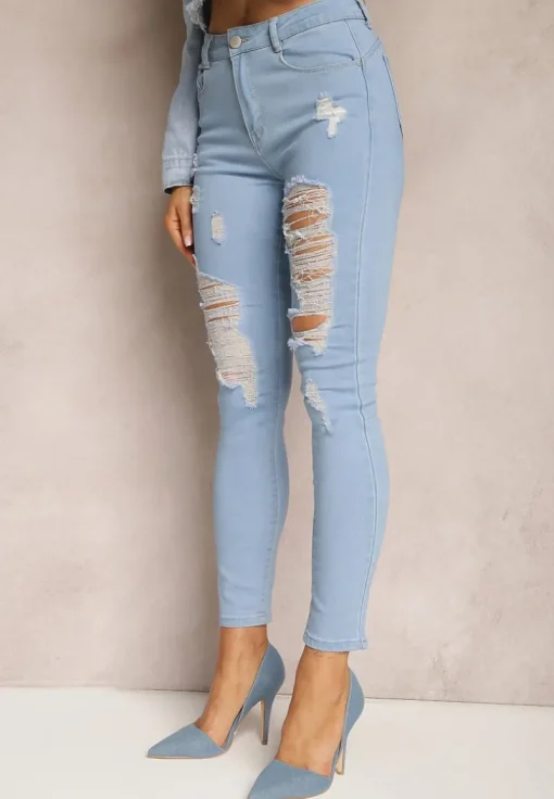 Niebieskie Jeansy Skinny High Waist z Przetarciami i Dziurami Aventoa