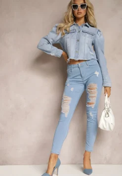 Niebieskie Jeansy Skinny High Waist z Przetarciami i Dziurami Aventoa