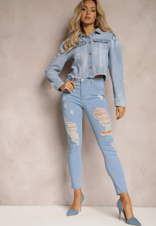 Niebieskie Jeansy Skinny High Waist z Przetarciami i Dziurami Aventoa