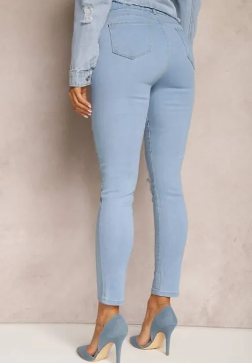 Niebieskie Jeansy Skinny High Waist z Przetarciami i Dziurami Aventoa