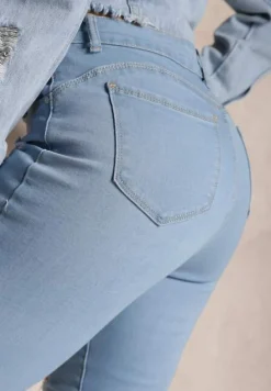 Niebieskie Jeansy Skinny High Waist z Przetarciami i Dziurami Aventoa