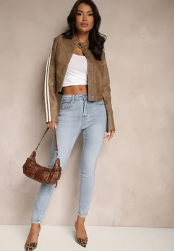 Niebieskie Jeansy Slim High Waist z Haftem na Tylnej Kieszeni Adinaria