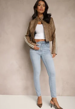 Niebieskie Jeansy Slim High Waist z Haftem na Tylnej Kieszeni Adinaria