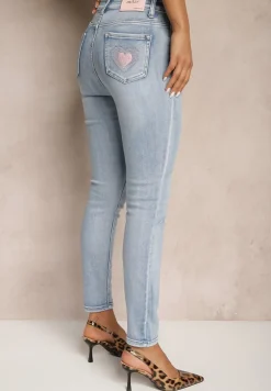 Niebieskie Jeansy Slim High Waist z Haftem na Tylnej Kieszeni Adinaria