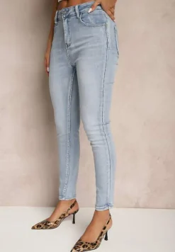 Niebieskie Jeansy Slim High Waist z Haftem na Tylnej Kieszeni Adinaria