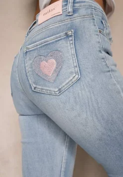 Niebieskie Jeansy Slim High Waist z Haftem na Tylnej Kieszeni Adinaria
