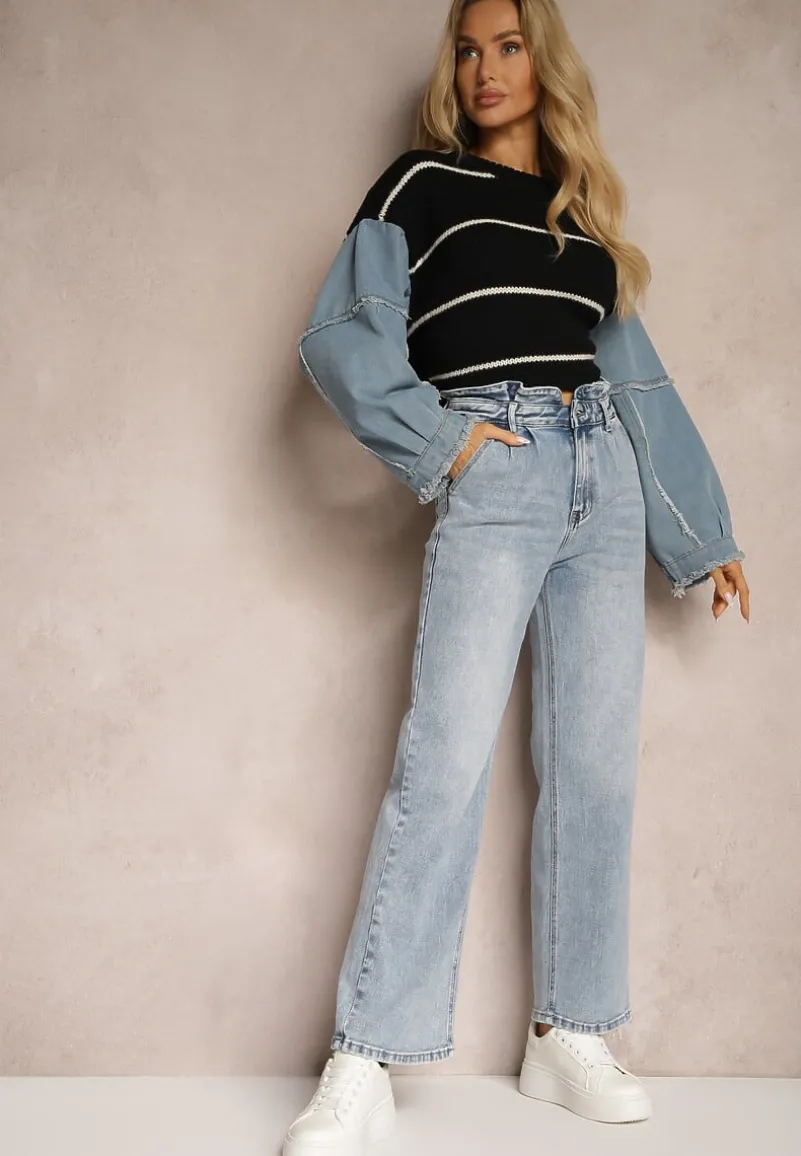 Niebieskie Jeansy Spodnie High Waist z Szerokimi Nogawkami Sancilla