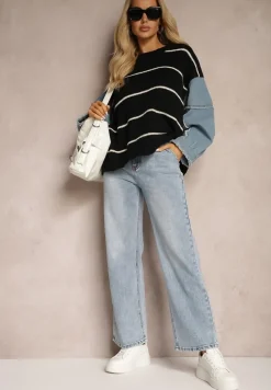 Niebieskie Jeansy Spodnie High Waist z Szerokimi Nogawkami Sancilla