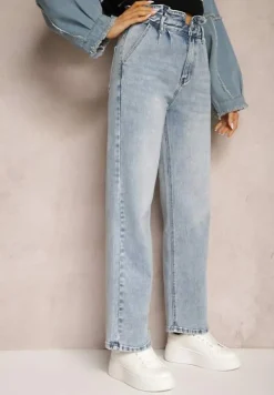 Niebieskie Jeansy Spodnie High Waist z Szerokimi Nogawkami Sancilla