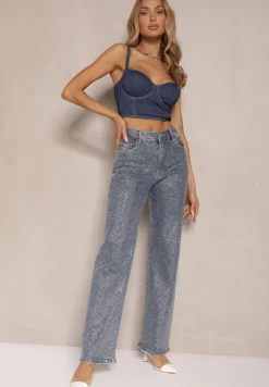 Niebieskie Jeansy Szerokie z Wiskozą i Bawełną High Waist Ozdobione Cyrkoniami Ellione