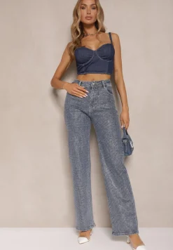 Niebieskie Jeansy Szerokie z Wiskozą i Bawełną High Waist Ozdobione Cyrkoniami Ellione