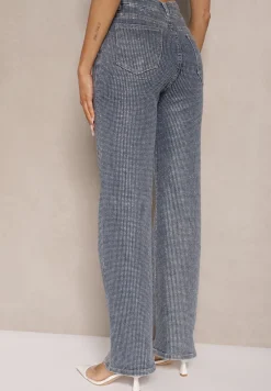 Niebieskie Jeansy Szerokie z Wiskozą i Bawełną High Waist Ozdobione Cyrkoniami Ellione